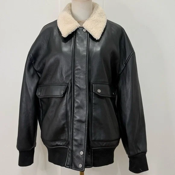 Hudson Womens Oversized Faux Leather Bomber Jacket Medium Black Shearling Edgy - Picture 8 of 15